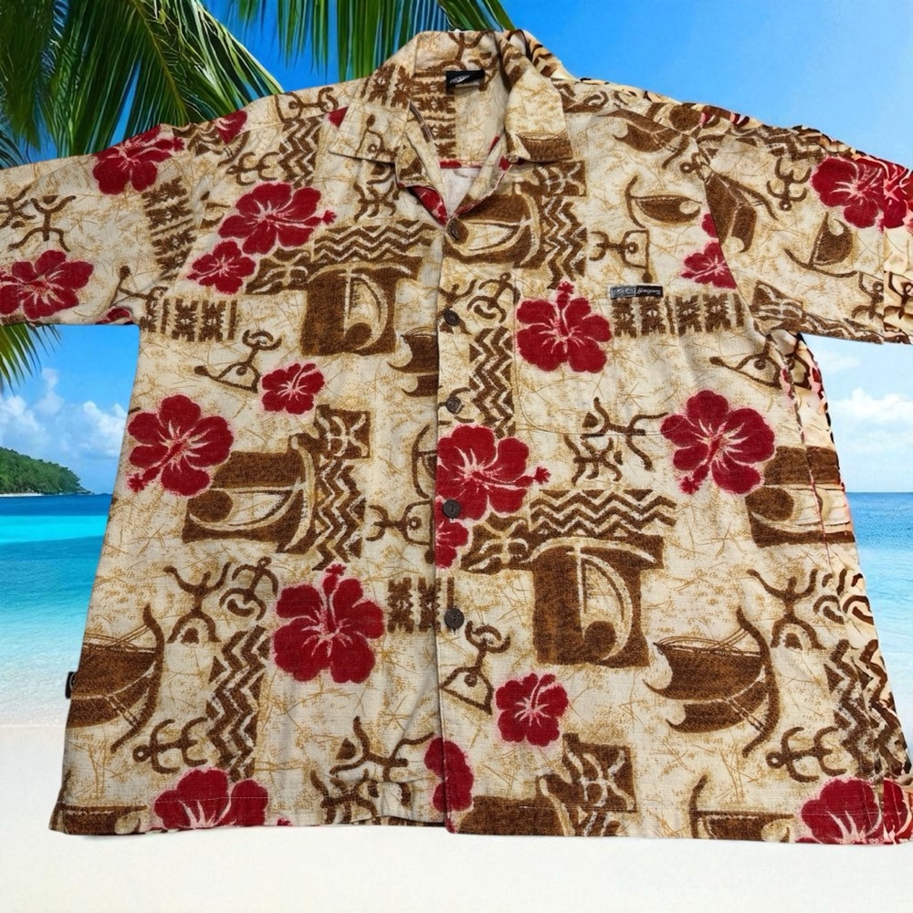 T&C Surf Designs Hawaiian Men’s M Aloha Plumeria Tiki Barkcloth Town & Country